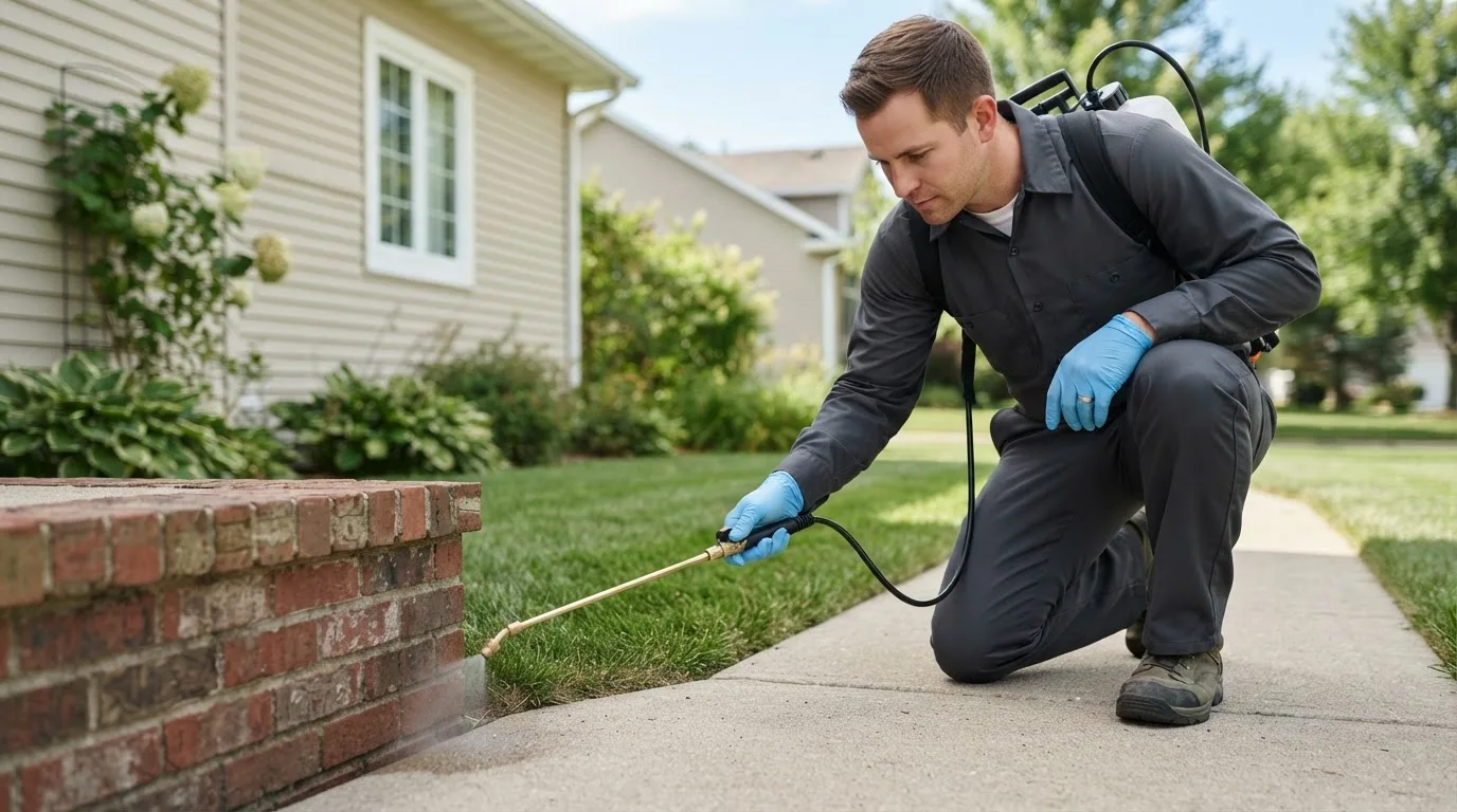 Pest control technician treating a home near Del Norte, CO